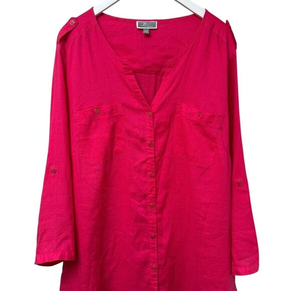 JM Collection 100% Linen Top Plus Size 22W Pink Tunic Blouse Button Front - Picture 3 of 11